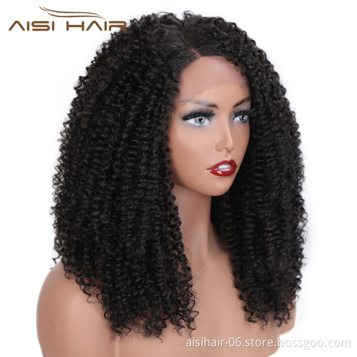 Aisi Hair Medium Long Afro Curly Fluffy Wig Natural Black Kinky Lace Frontal Wig Synthetic Lace Front Hair Wigs For Black Women